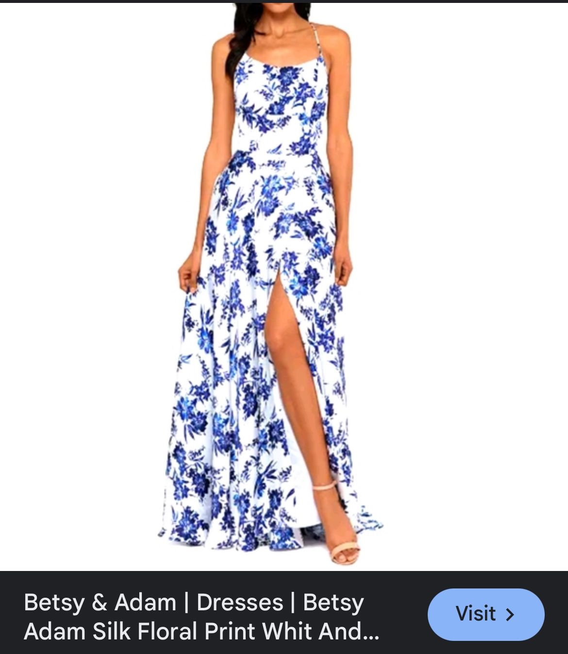 prom dress, betsy and adam, white, blue flowers, silk, size 10