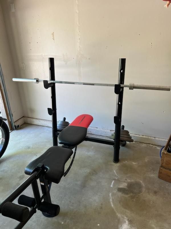 Weight Bench, Barbell, and Weight Plates