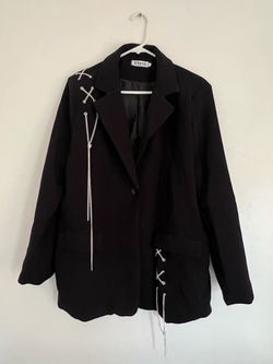 DAWAN Womens Black Long Blazer Jacket XL Regular Fit Lined Button Chain Eyelet