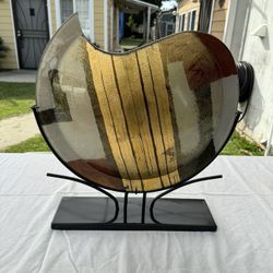 ART MODERNIST GLASS VASE ON METAL STAND
