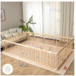 Playpen Large Foldable Play Pen for Toddlers 1-3,Easy Assemble Play Yard Wooden Baby Gates with Door,Expandable Play pens for Kids Safety Baby Playpen