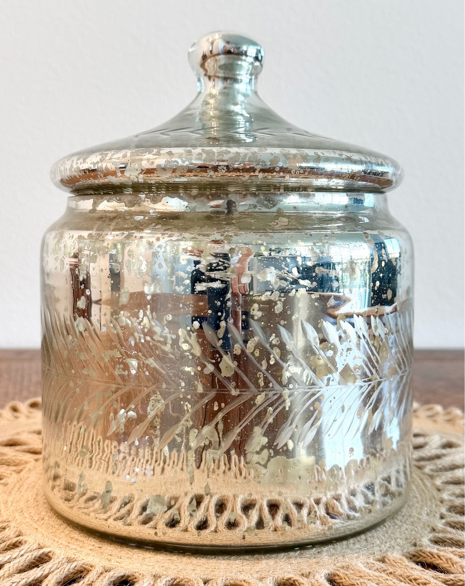Vintage Mercury Silver Etched Leaf Glass Jar W/Lid