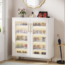 XK00403 new assembled Modern Shoe Cabinet, 5-Tier Shoe Organizer with LED Light & Acrylic Doors