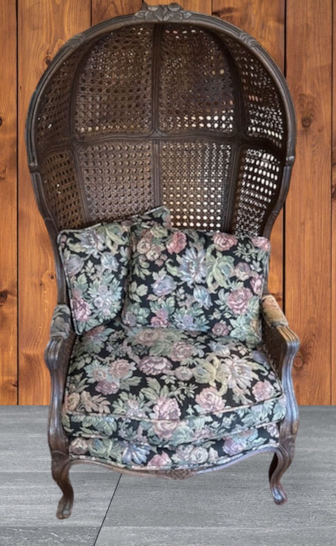 1960s Vintage Hand Carved Caned Hooded Double Rattan Balloon Chair
