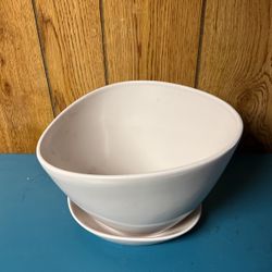 White Ceramic Pot with Saucer, Triangle Shaped9.5” 