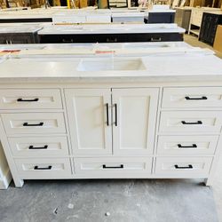 Single Sink Bathroom Vanity “60” in White Color with Black Handles and Marble Top in White  $799 