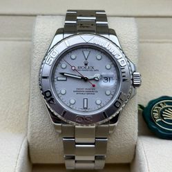 2005 Rolex Yacht-Master 40mm platinum bezel platinum silver dial 16622 red hand stainless steel oyster bracelet watch box tag appraisal