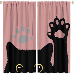 Cute Cat Blackout Curtains Lovely Cartoon Animal Cat Paw Print Black Pink Art Print for Kids Girls Bedroom Living Room Kitchen Decor Rod Pocket Window