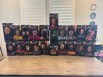 36-Piece Premium Star Trek Collection: 20 Sealed EXO-6 1/6 Figures + 15 Fanhome Ships (Gold Enterprise-G) + Lighted Captain’s Chair