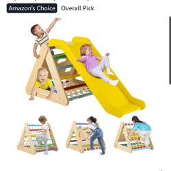 Costzon 4 in 1 Climbing Toy for Toddlers, 3-Sided Montessori Wooden Triangle Climber with Sliding Ramp, Climbing Net & Board, Kids Boys Girls Indoor G