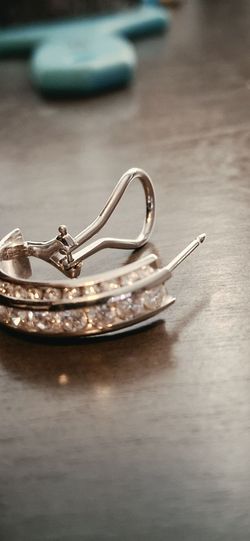 14 k white Gold Hoop Earrings with Crystal Stones