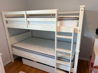 White Wooden Bunk Bed with 2 Twin Mattresses & Rolling Storage Drawer
