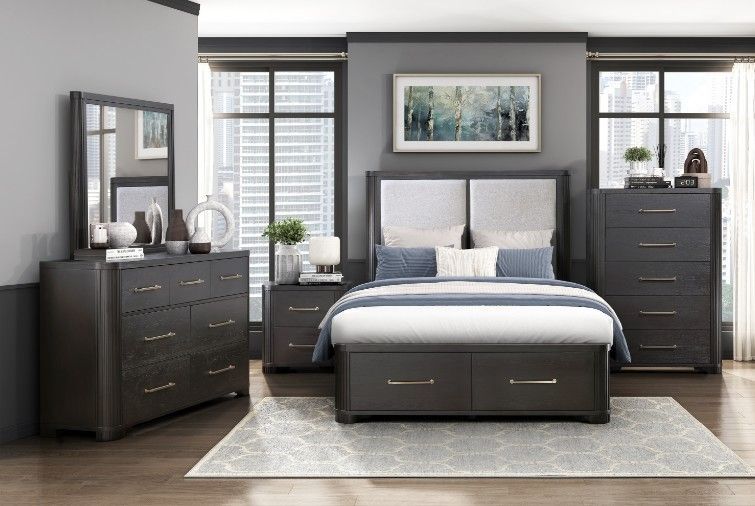 June Promotion Modern Design 3 pc queen bed w/two gray fabric upholstered inserts & storage drawers