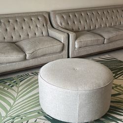Pair of Tufted Light Grey Sofas + Matching Ottoman