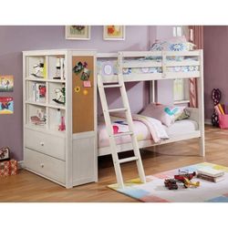 WHITE FINISH TWIN OVER TWIN SIZE BUNK BED ALL IN ONE DRAWERS STORAGE BOOKCASE CORK BOARD