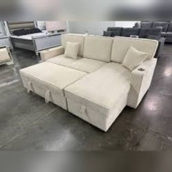 Beige corduroy sectional sleeper sofa with pull out bed 