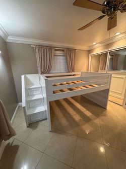 Full White Wood Loft Bed with Stair Drawers
