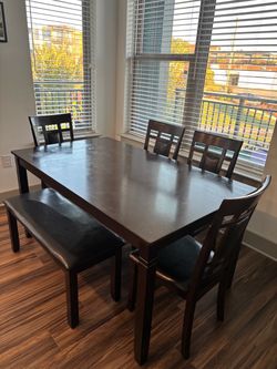 Dark Wood Dining Table Set with Chairs and Bench