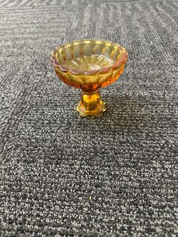 Vintage Amber Pressed Glass Scalloped Pedestal Compote Bowl, Round 4 in Diameter