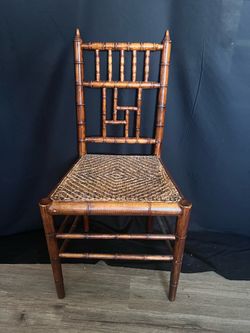 Vintage Chinese Chippendale Faux Bamboo Accent Chair – Woven Cane Seat