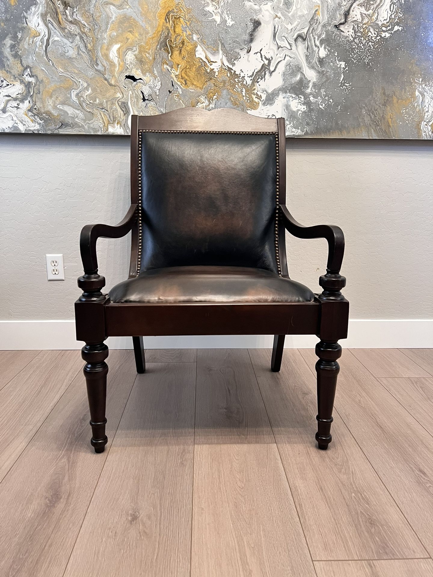 Antique Hand-Carved Italian Leather Accent Chair w/ Nailhead Pins And Cane Backing