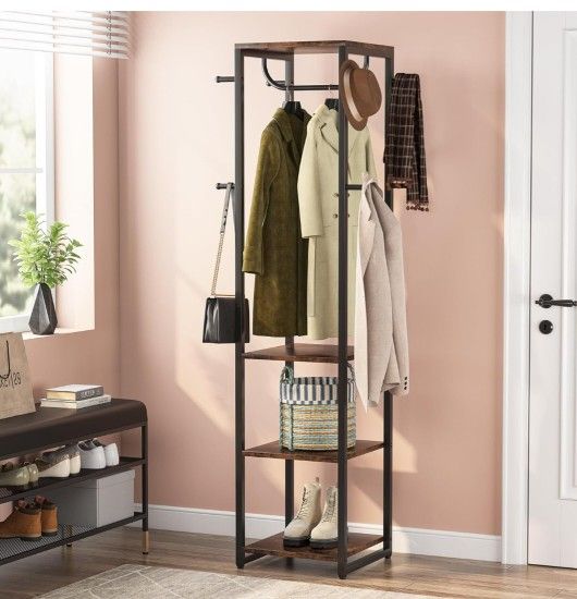 Freestanding Coat Rack with Shelves and Hooks