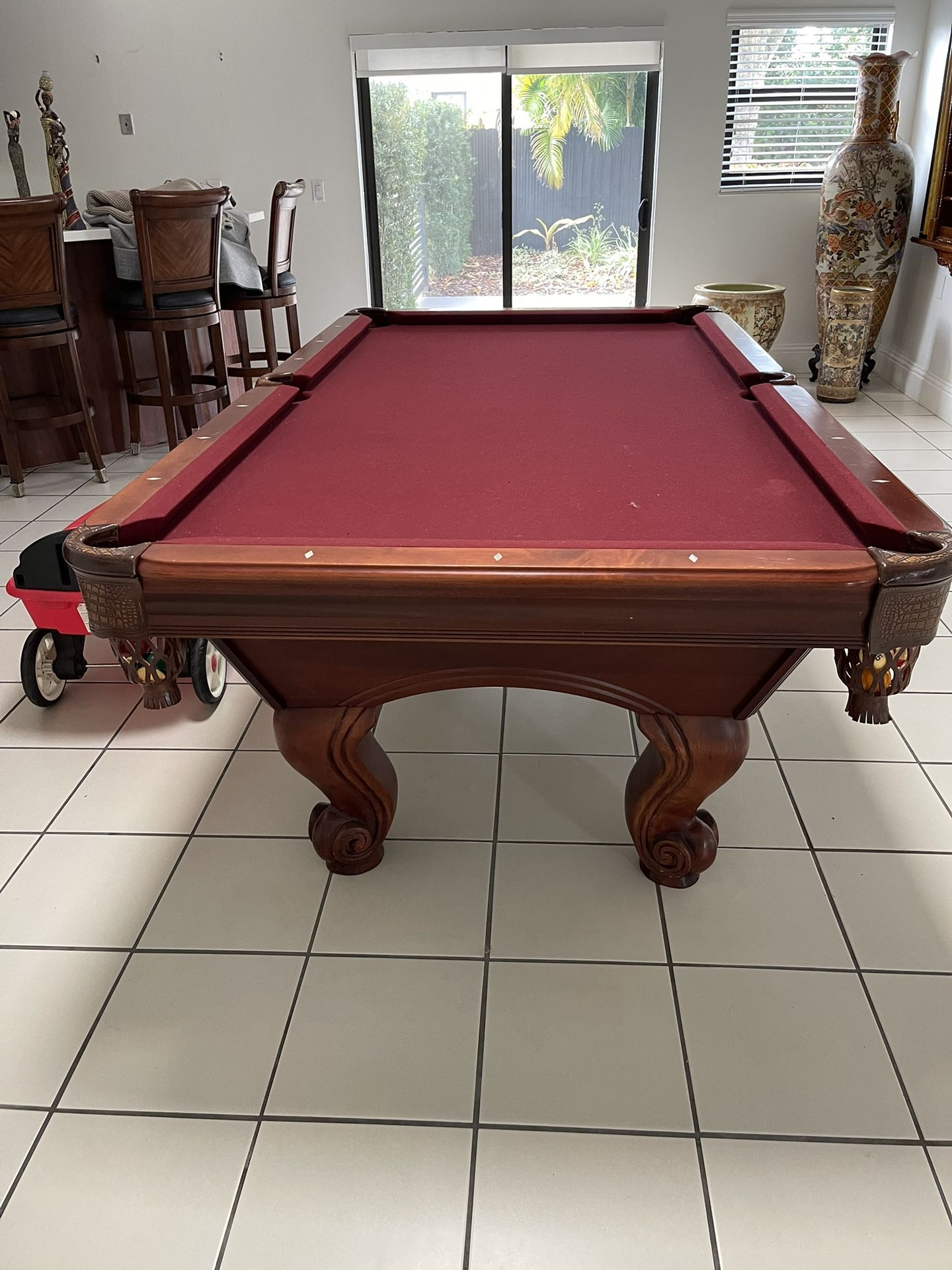 Pool Table With Complete Pool Stocks And Hanging Cabinet For Sticks