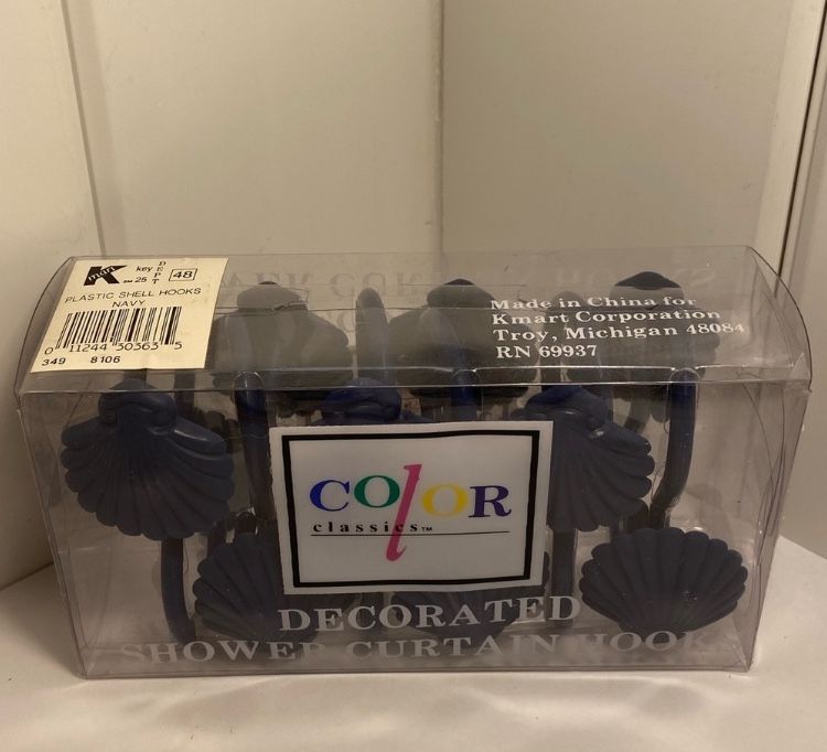 vintage New 90s Navy Blue Shell shaped plastic Kmart Shower Curtain Hooks Set of 12