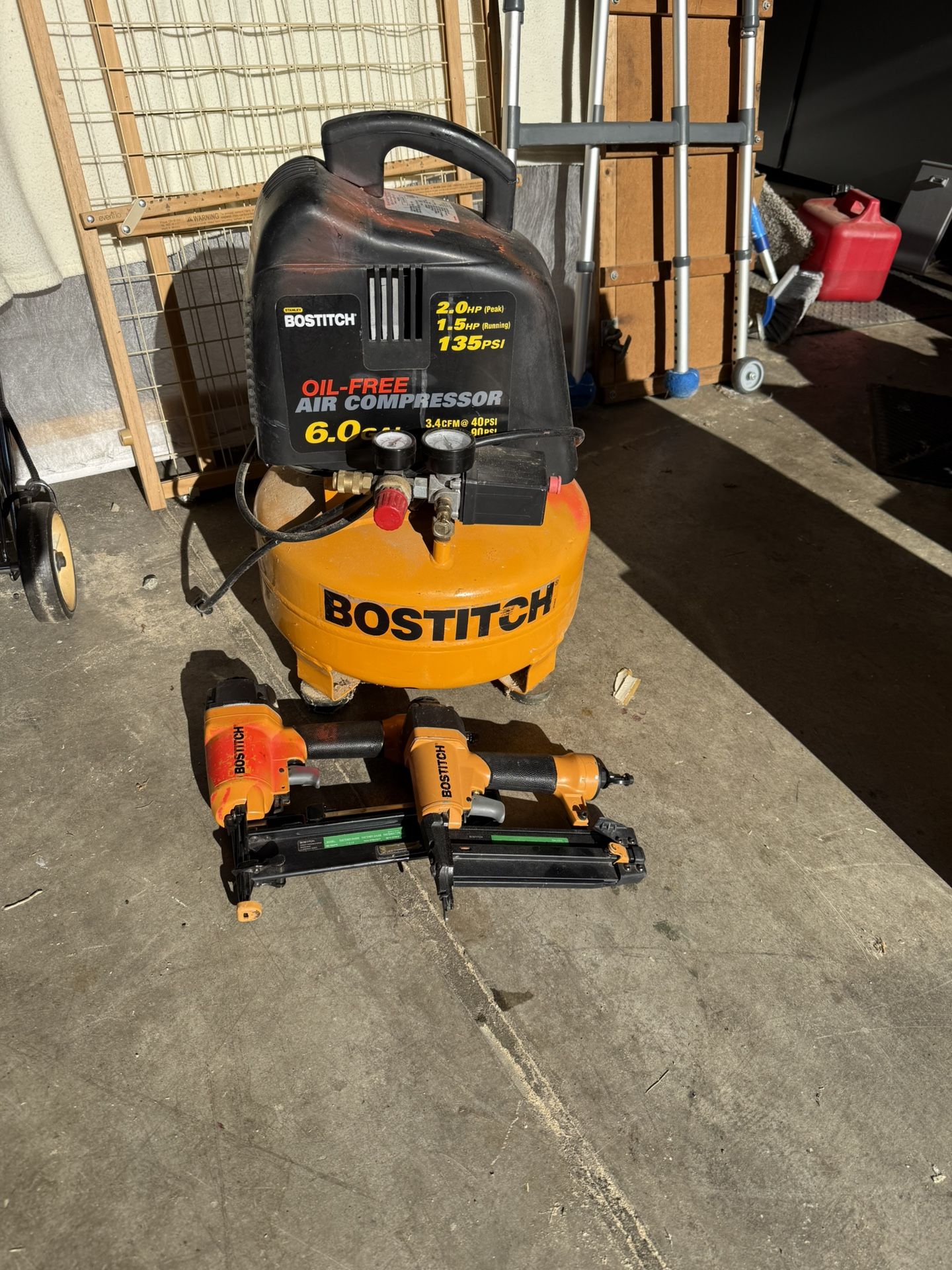 Portable 6 Gallon Air Compressor And Nail Guns. 