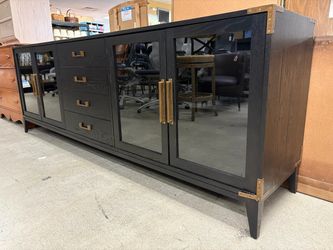 RESTORATION HARDWARE Cayden Campaign Black Oak & Brass Glass Sideboard w/ Drawers