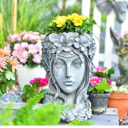 Sungmor Pretty Goddess Head Planter w/Drainage Hole, 8.9" x 13" Large Deep Lady Face Garden Pot, Beautiful Women Figurine Indoor Outdoor Flowers Plant