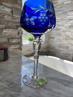 Vintage COBALT ROYAL BLUE Wine Glass Goblet Hock Cut-to-Clear 24%PbO Lead Crystal Lusatian Lausitzer Glas Brandenburg Germany 1980s Retro