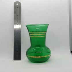 VTG 1950s Anchor Hocking 4" Forest Green Glass Vase w/Gold Rings Trim