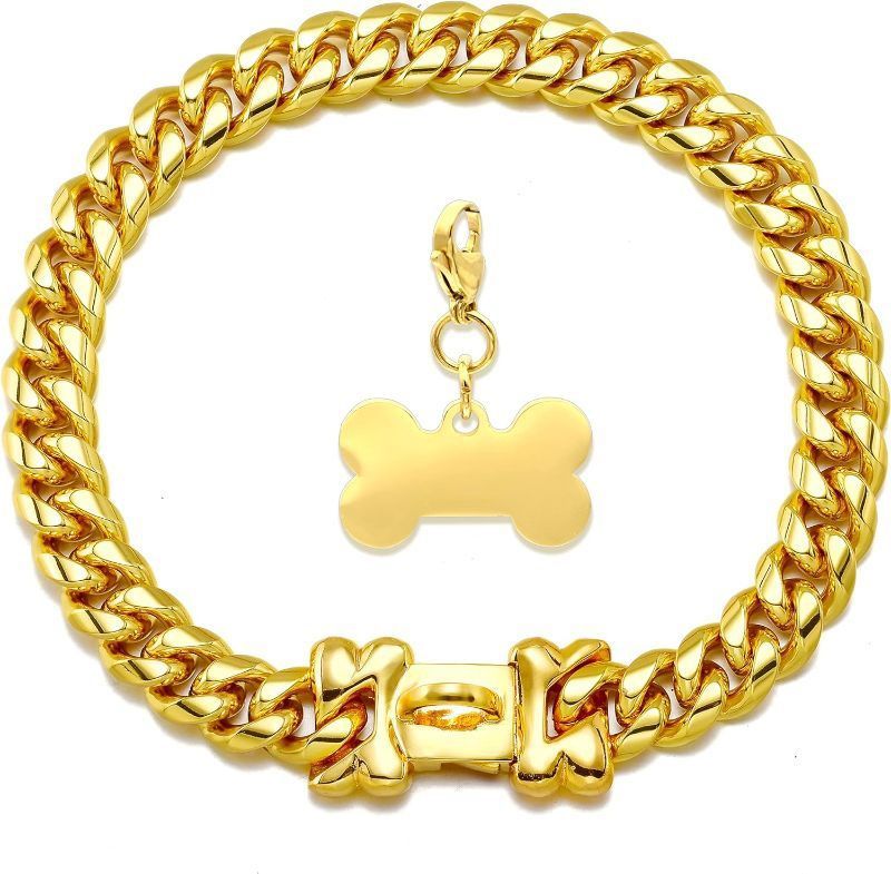 NIKPET Gold Chain Dog Collar Metal Stainless Steel Cuban Link Dog Collars Strong Heavy Duty Chew Proof Walking Chain For Small Dogs(14MM, 12")