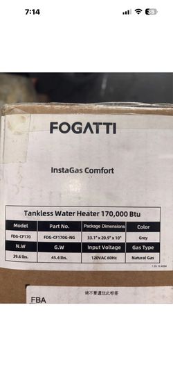 NEW Fogatti InstaGas Comfort Tankless Water Heater - 170k BTU Natural Gas (Grey)