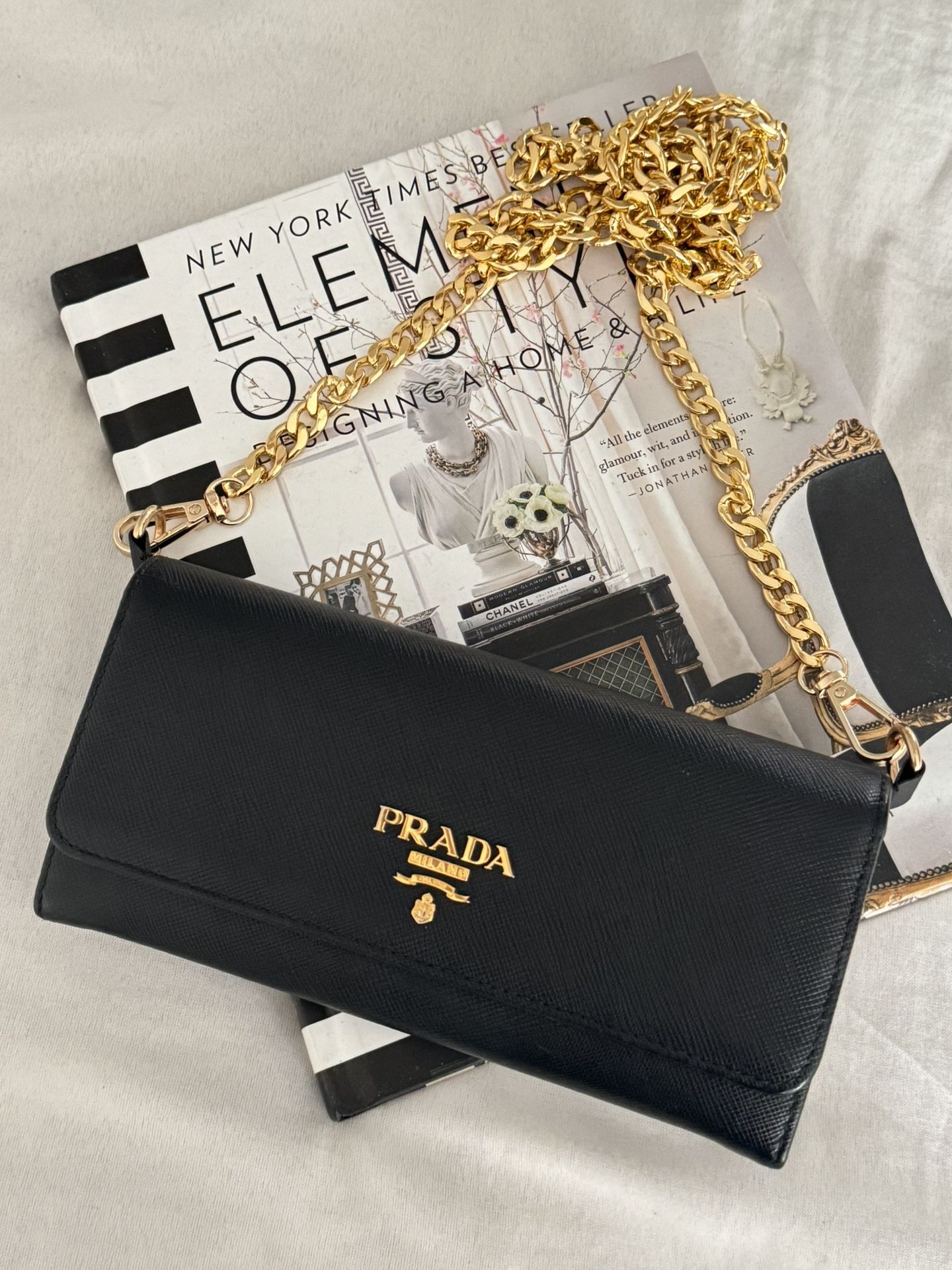 Authentic PRADA Black Saffiano Leather Wallet with Chain