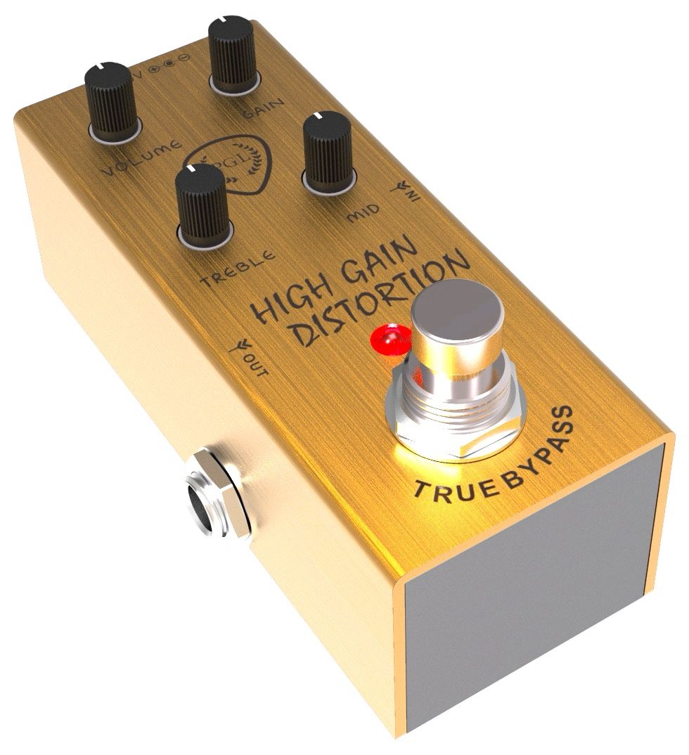 PGL High Gain Distortion Effect Pedal For Electric Guitar, TRUE BYPASS, Four Controls: Volume, Gain, Treble, Mid - 2 Adhesive Pads Included - (GP-HGD-