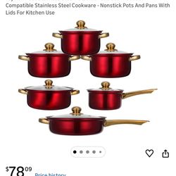 Red Nonstick Stainless Steel Cookware Set with Glass Lids & Gold Handles