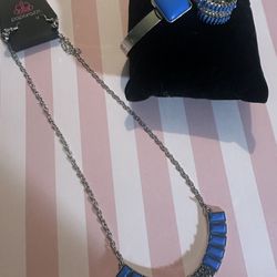 Blue Stone Jewelry set with necklace, cuff bracelet, adjustable ring, all silver-tone
