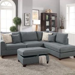 Brand New Grey Sectional Sofa w Storage Ottoman 
