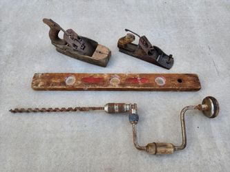 4 Antique Wood Working Plane Level Drill Carpenter Hand Tools