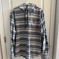 Men’s Long Sleeve Billabong Baja Flannel Button Up Blue and Gray Striped Hooded Shirt - Size Large 