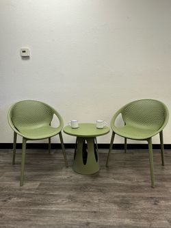 Modern Resin Conversation Set – 2 Chairs + Round Side Table – Sage Green