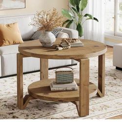 WW0012 30" Solid Wood Coffee Table, Round Small Coffee Table with 2-Tier Storage for Living Room, Farmhouse Circle Center Accent, Brown Round Solid Wo