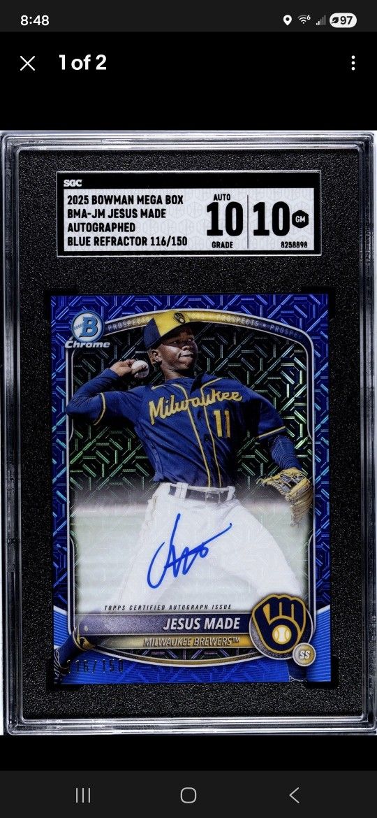 2025 Bowman Chrome Jesus Made Blue Mega Mojo Refractor (AU) - 116/150 Brewers