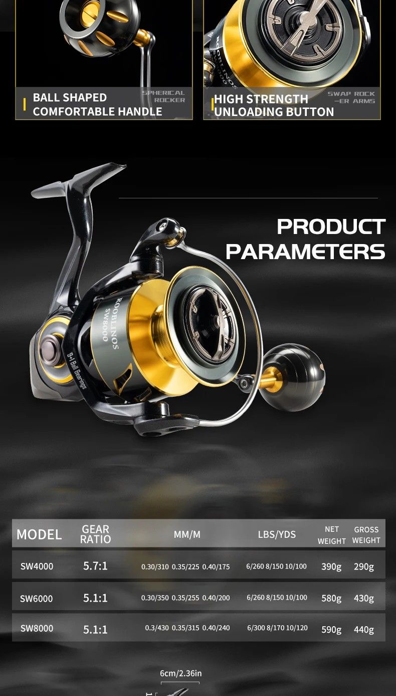 Fishing Reel SW8000 Reels Spinning Reels Metal Spool and Handle for Saltwater and Freshwater Fishing
