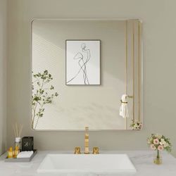 36 in. W x 36 in. H Large Rectangular Framed Wall Mounted Bathroom Vanity Mirror in Brushed Nickel