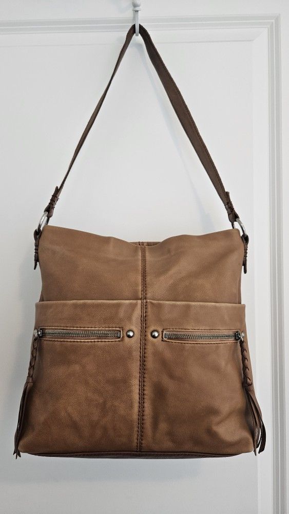 The Sak Sequoia Leather Hobo Bag-Soft Brown, Dual Front Zip Pockets, Boho Tassels