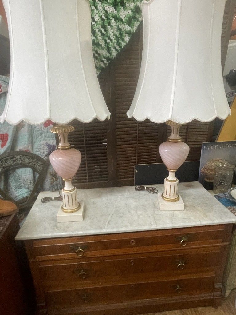 Antique Pair Of Mid Century Modern Pink Murano Art Glass Lamps With Original Shade