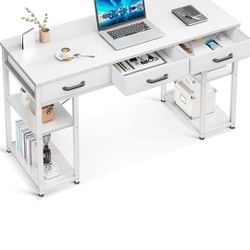 ODK Office Small Computer Desk: Home Table with Fabric Drawers & Storage Shelves, Modern Writing Desk, White, 48"x16"